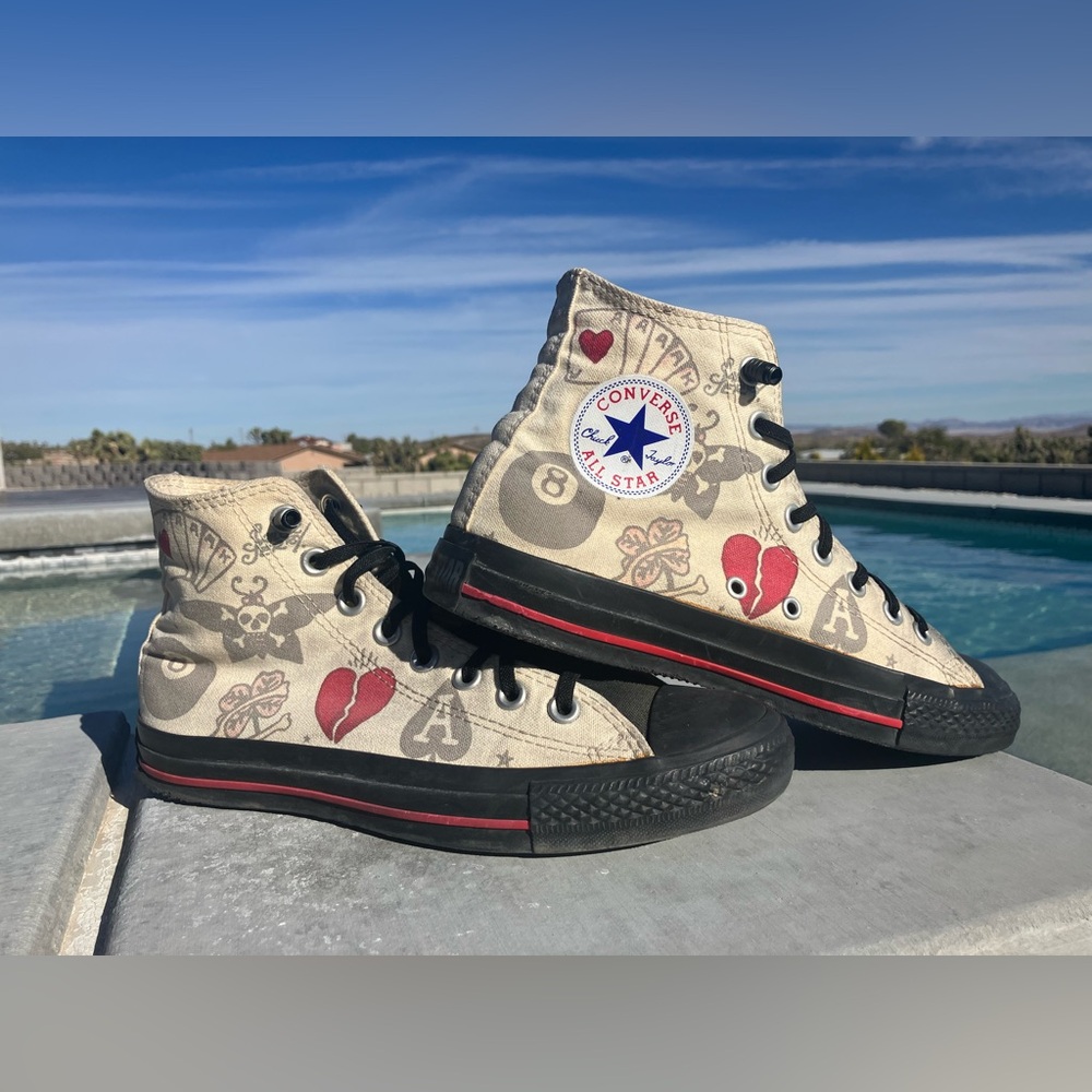 Converse Beige High-Tops with Heart and Skull Motif